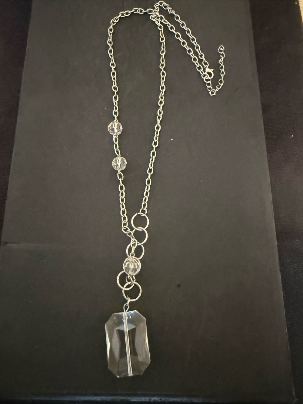 Silver Chain Necklace with Clear Crystal Pendant - Women Jewelry